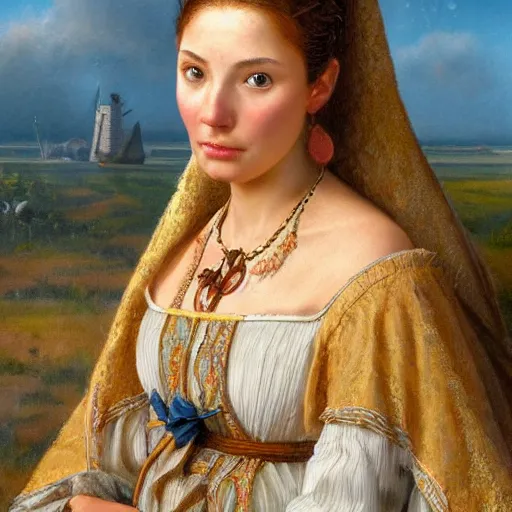 Image similar to portrait of a batavian woman ( 3 5 ) from dutch rhine delta ( that the romans called batavia ) in 2 5 0 a. d., an oil painting by ross tran and thomas kincade