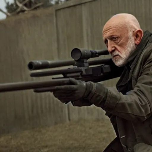 Image similar to Film still of Mike Ehrmantraut aiming with a !!!sniper rifle!!!, 4k, !!highly detailed!!