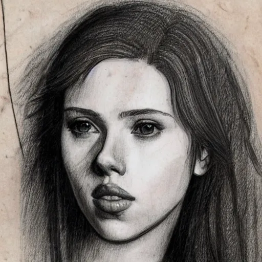 Image similar to a finished, detailed portrait sketch on parchment of a very young scarlett johansson, by leonardo davinci