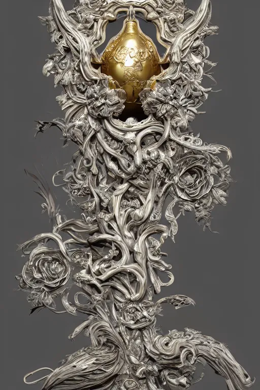 Prompt: beautiful render of catholic rococo roses veiled crow sculpture with symmetry, intricate detail, by Edward Burne-Jones and aaron horkey and NekroXIII and Billelis and peter gric, artstation, ZBrush, maximalist, glittering, gold, silver, ivory, hyperreal