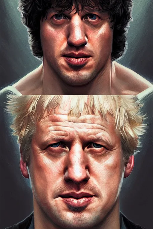 Image similar to Boris Johnson as Rocky Balboa, realistic portrait, symmetrical, highly detailed, digital painting, artstation, concept art, smooth, sharp focus, illustration, cinematic lighting, art by artgerm and greg rutkowski and alphonse mucha