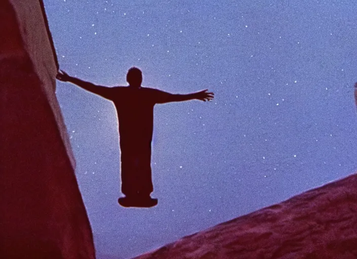 Image similar to a still from a color 1 9 8 5 film with a man floating 1 0 feet above the ground at night with a single raised arm, rear shot