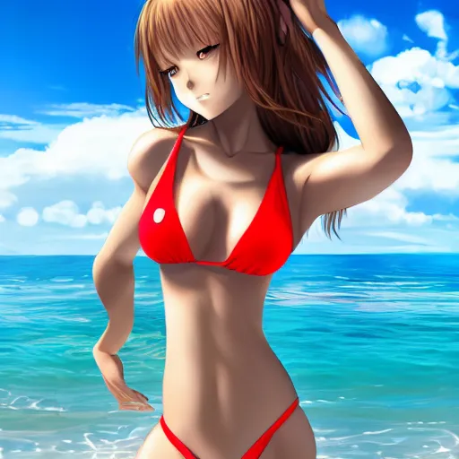Image similar to beautiful anime woman, photo realistic, futuristic, in a bikini