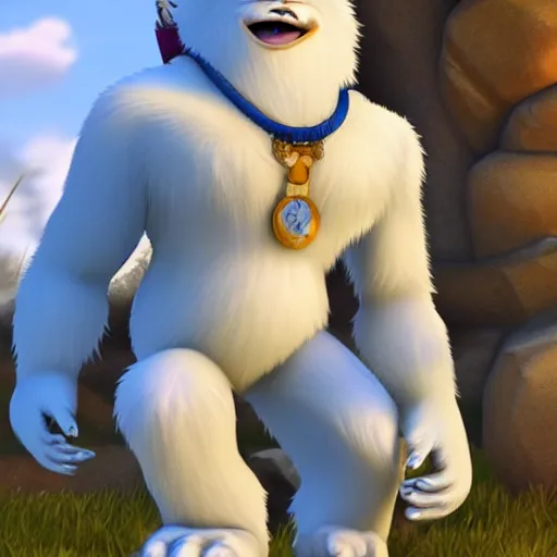 Image similar to the yeti, a white snow primate, in style of disney animation, expressive face, detailed face, detailed eyes, full body, feminine face, tracer overwatch, disney, pixar