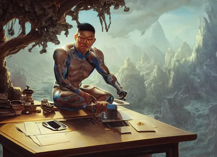 Image similar to an insanely detailed painting of an asian man wearing a homemade superhero costume, sitting at a desk, staring seriously at the computer and typing, in the style of peter mohrbacher, james jean, artgerm, dramatic lighting and composition, surreal background, octane render, pixar, trending on artstation, concept art, comic book, view from behind, 8 k