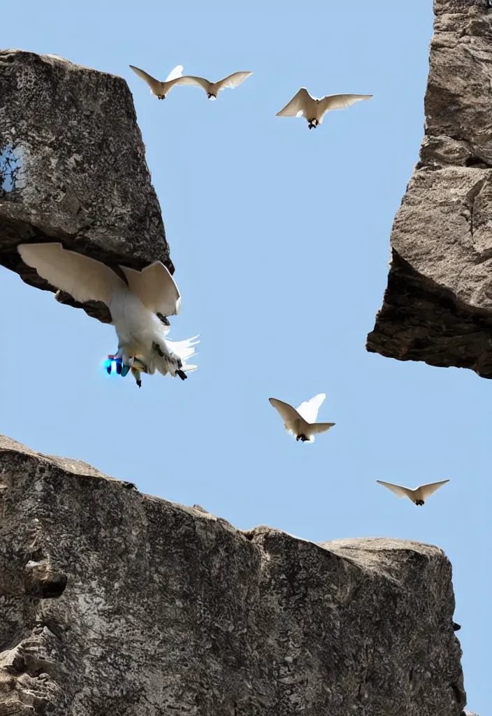 Prompt: a mountain goat flying an impossible distance through the air between two peaks | pure white doves flying in and out of a large chimney |