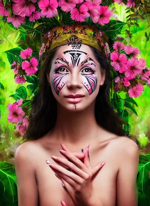 Prompt: a beautiful portrait of a beautiful smiling woman in the jungle surrounded by pink flowers, tribal face paintings, matte painting, fantasy art