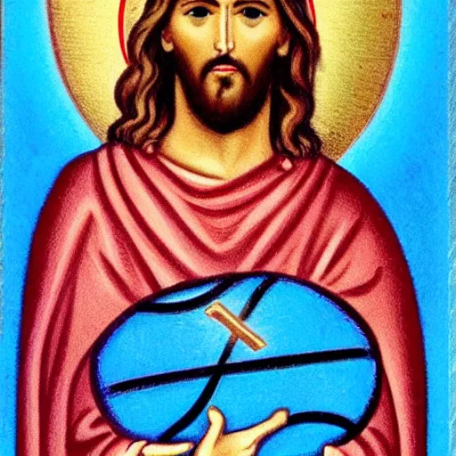 Prompt: jesus holding a cross shaped basketball