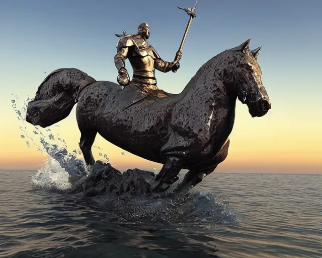 Prompt: a giant abstract sculpture of a great warrior on a horse on the ocean water, in the style of chad knight, award winning, cinematic, hyper - realistic, very detailed, realistic water splashes, ray tracing, 8 k resolution, long - shot, sharp focus, low angle, 8 5 mm photograph, wide lens