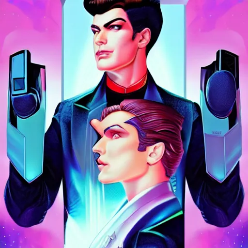 Prompt: a stunning profile portrait of art deco synthwave glamor man wearing a nintendo power glove, by Evelyn De Morgan and Ross Tran, rossdraws