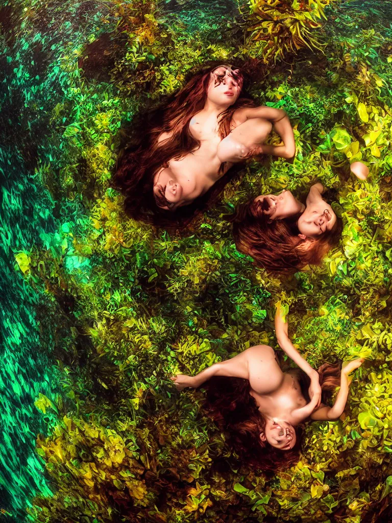 Image similar to succubus and sleeping woman underwater photography, hyper detailed, light from above, bubbles of prismatic light, fine net of plasm in background, fractal plants to each side, fisheye lense
