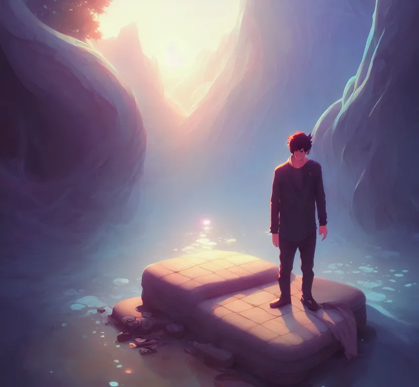 Prompt: ' lost in a lucid dream, my soul drifted away'says the depressed man, by artgerm, stephen bliss, greg rutkowski, loish, rhads, makoto shinkai and lois van baarle, ilya kuvshinov, rossdraws.