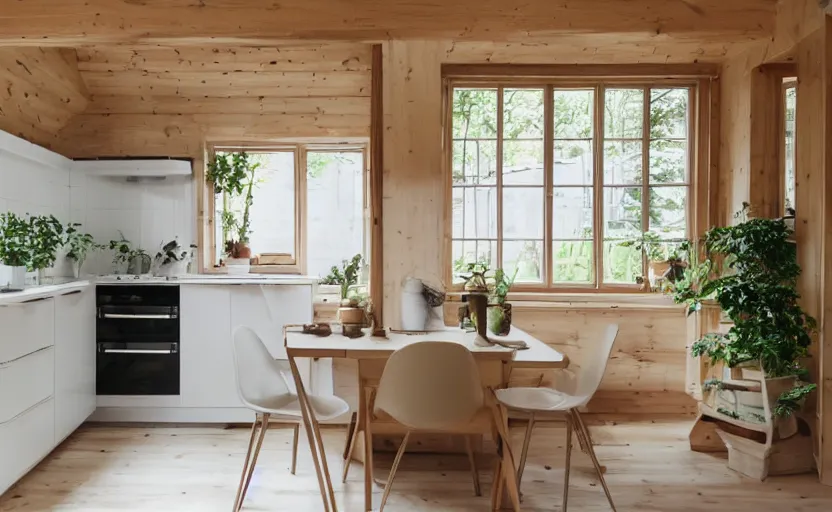 Image similar to interior of an a frame cabin kitchen with many plants, bed, white walls, wood beams, vintage orange fridge, swedish design, natural materials, minimalism, warm wood, earth colors, feng shui, rustic, white, beige, bright, plants, windows with a view of a green park, modernist, 8 k