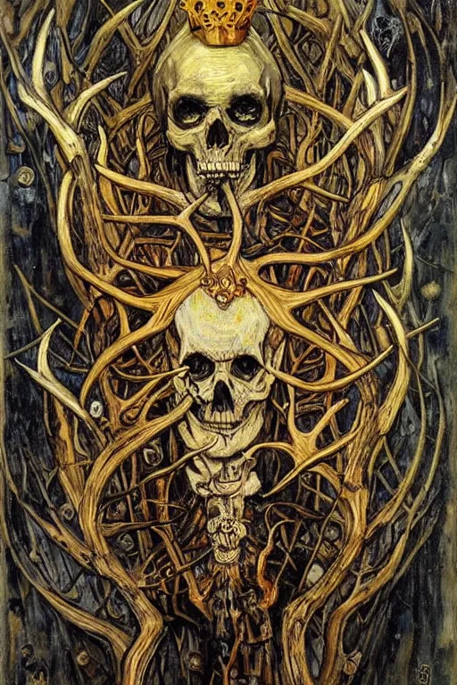 Prompt: The King of Bones by Karol Bak, Jean Deville, Gustav Klimt, and Vincent Van Gogh, portrait of a majestic demonic undead king, undead, lich lord, eyes on fire, fire in eyes, mystic eye, otherworldly, crown made of bones, antlers, horns, ornate jeweled crown, skull, fractal structures, arcane, inferno, inscribed runes, infernal relics, ornate gilded medieval icon, third eye, spirals, rich deep moody colors