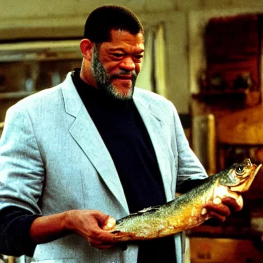 Prompt: laurence fishburne holding an over cooked fish