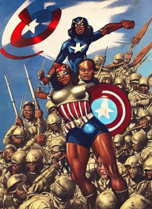 Prompt: beautiful black female captain america standing on a pile of defeated german soldiers. feminist captain america wins wwii. american wwii propaganda poster by james gurney