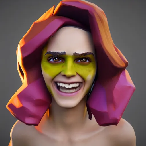 Image similar to textured film grain oil pastel subsurface scattering fashion model face smiling laughing squinting emma watson as a fortnite character cgsociety octane render unreal engine redshift render trending on artstation trending on artstation render blender behance cg superhero