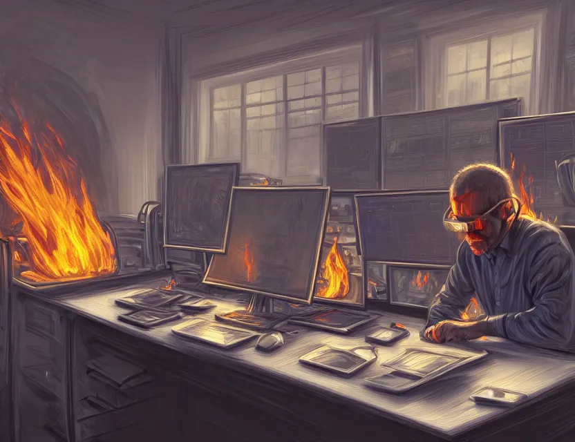 Image similar to a man works at a workstation in a very big office with burning fires, close up, featured in artstation, intricate, ultra detailed, digital painting, concept art, wide - angle lens, sharp focus, illustration, 8 k