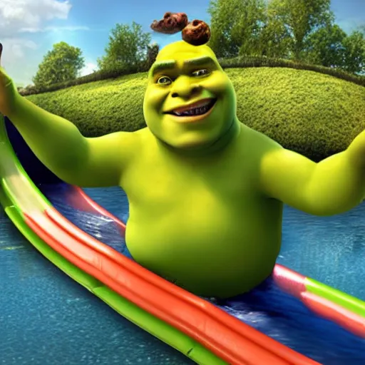 Image similar to shrek in a water slide, realistic photo, hyperrealistic