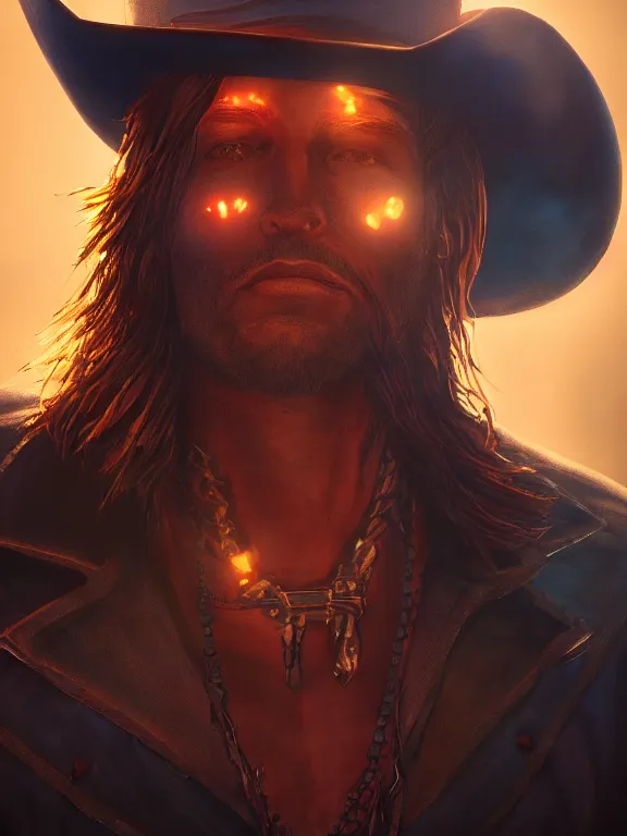 Image similar to beautiful painting of a cowboy vampire gang 8k ultra realistic , lens flare, atmosphere, glow, detailed,intricate, full of colour, cinematic lighting, trending on artstation, 4k, hyperrealistic, focused, extreme details,unreal engine 5, cinematic, masterpiece