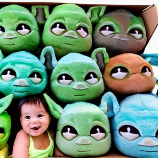 Prompt: An open cardboard Amazon box full of baby Yoda plushies