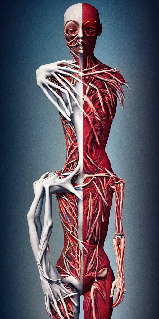 Image similar to poster design, full body anatomical model, 3 d photographic render of a deconstructed asymmetric human anatomical correct human body, in hoc signo vinces, waterfall, in the style of leonora carrington, gottfried helnwein, intricate composition, blue light by caravaggio, insanely quality, highly detailed, masterpiece, red light, artstation