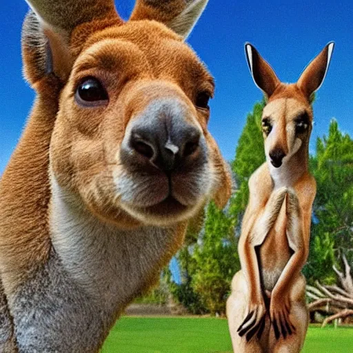 Image similar to a Muscular kangaroo and a dog look at each other, blue sky, garden, highly detailed, high quality, award winning