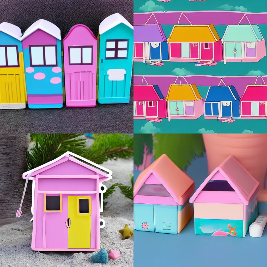 Prompt: pantone kawaii cute anime cartoon beach huts, pastel colors