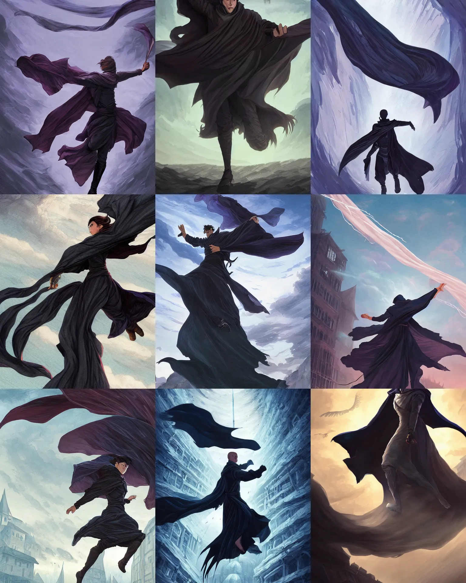 Prompt: illustration of vin from mistborn flying through the air waving the cape made of long strips of fabric in the wind, wearing black clothes and cape, medieval town landscape, trending on artstation, by dan mumford, yusuke murata, makoto shinkai, ross tran, josan gonzalez, cel shaded, flat colors