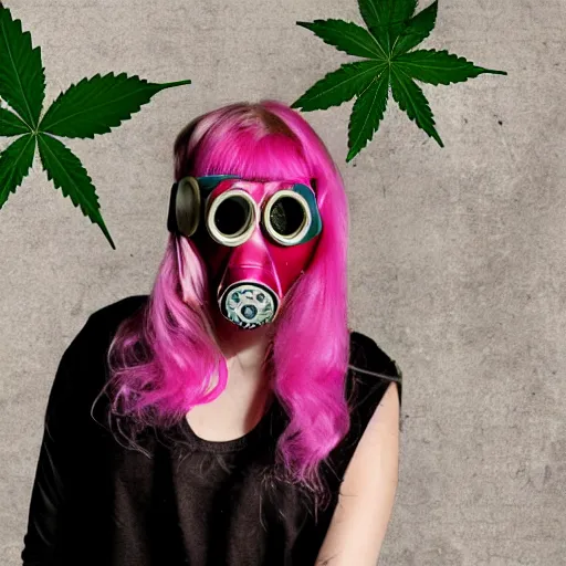 Image similar to Gas mask, Marijuana, marijuana leaves, smoke, long pink hair