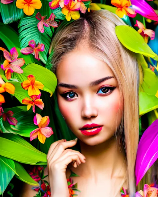 Image similar to an stunning beautiful eastern girl is surrounded by colourful tropical flowers and plants, symmetric face and eyes, upper body face shot, long straight blonde hair, visible face 5 0 mm f 2. 2