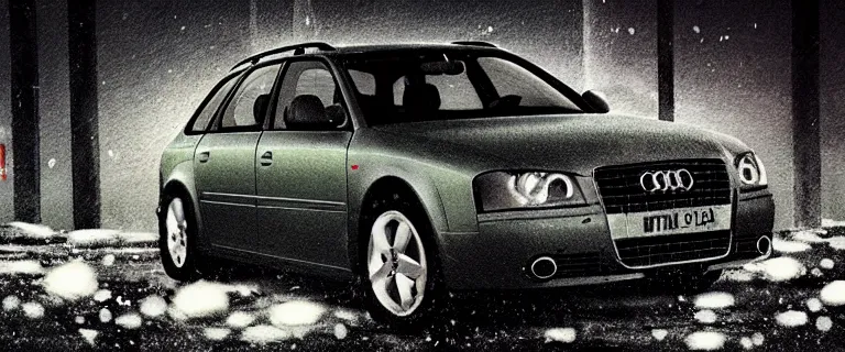 Image similar to Audi A4 B6 Avant (2002), a gritty neo-noir, dramatic lighting, cinematic, eerie person, death, homicide, homicide in the snow, viscera splattered, gunshots, establishing shot, extremely high detail, photorealistic, cinematic lighting, artstation, by simon stalenhag, Max Payne (PC) (2001) winter New York at night, In the style of Max Payne 1 graphic novel, flashing lights, Poets of the Fall - Late Goodbye