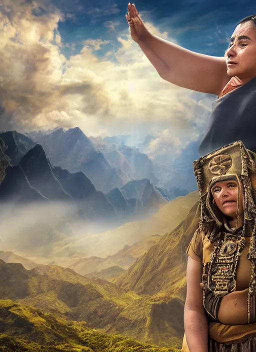 Image similar to incan female priest starring at the sky, with arms up, praying at the sky, realistic face, matte painting, fantasy art