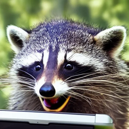 Image similar to logo of a happy raccoon pushing a grocery cart with a laptop on top and a face mask hanging off the corner