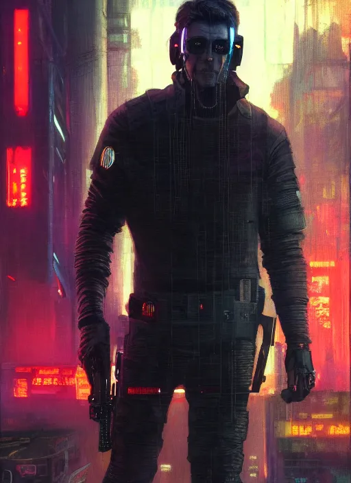 Prompt: Ronald Reagan. Cyberpunk assassin in tactical gear. blade runner 2049 concept painting. Epic painting by Craig Mullins and Alphonso Mucha. ArtstationHQ. painting with Vivid color. (rb6s, Cyberpunk 2077, matrix)