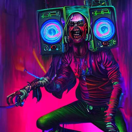 Image similar to psychedelic cyberpunk demon painting, rocking out, wearing headphones, huge speakers, dancing, rave, DJ, spinning records, digital art, amazing composition, rule-of-thirds, award-winning, trending on artstation, featured on deviantart