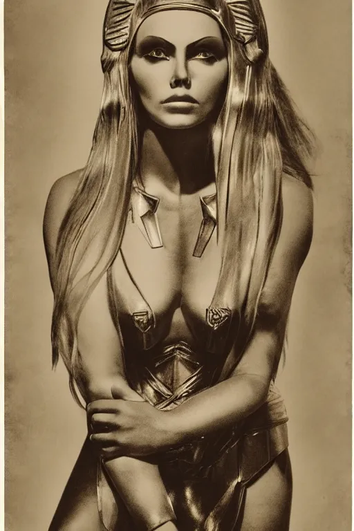 Image similar to she - ra, portrait, full body, symmetrical features, silver iodide, 1 8 8 0 photograph, sepia tone, aged paper, sergio leone, master prime lenses, cinematic