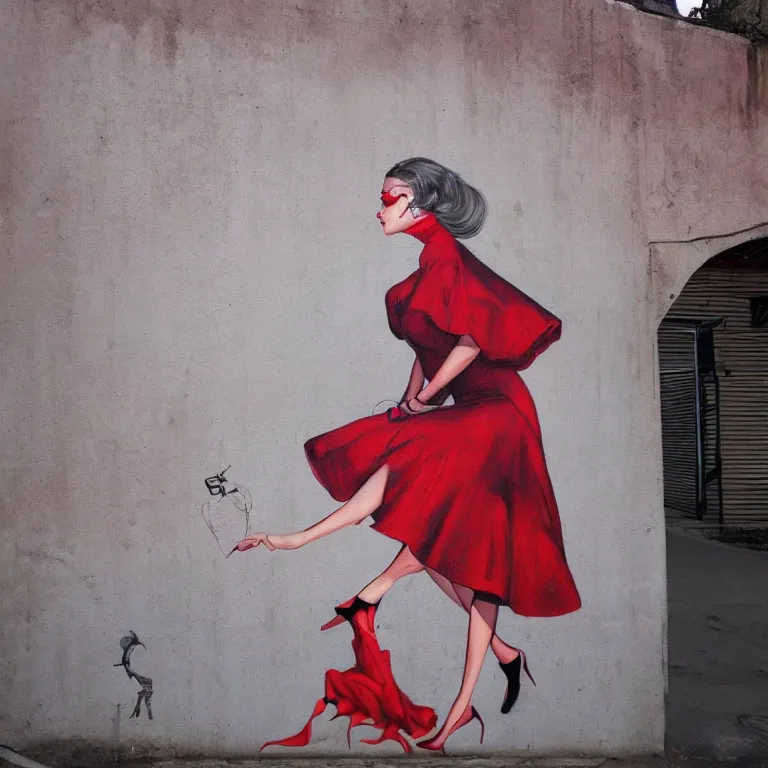 Prompt: Street-art portrait of beautiful woman wearing red evening dress in style of Etam Cru