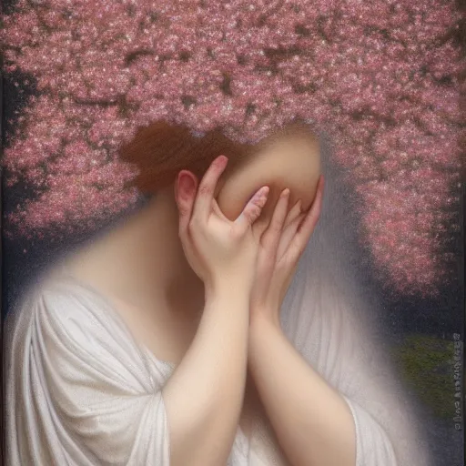 Image similar to a crying woman in a white gown kneeling at a beautiful shrine under a cherry blossom tree, rainy wet, ultradetailed, hd 8 k, agostino arrivabene, oil on canvas, detailed brushstrokes