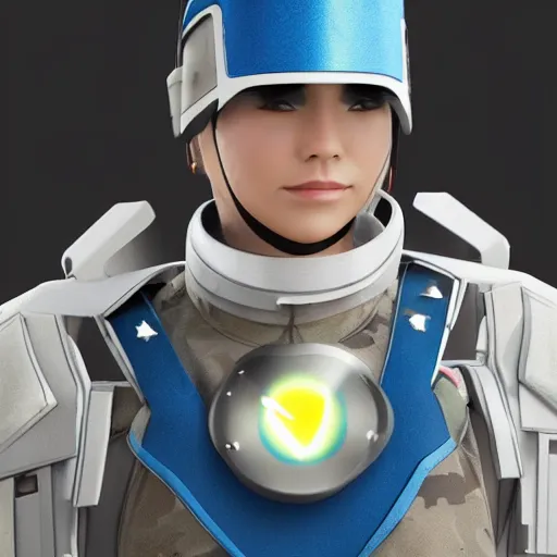 Image similar to a futuristic soldier captain with a metal visor and a blue shoulderpad in anime style