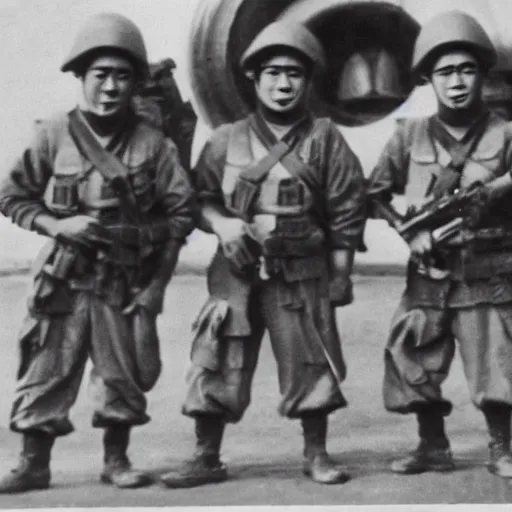 Image similar to old photo of smurfs wearing japanese soldier gear