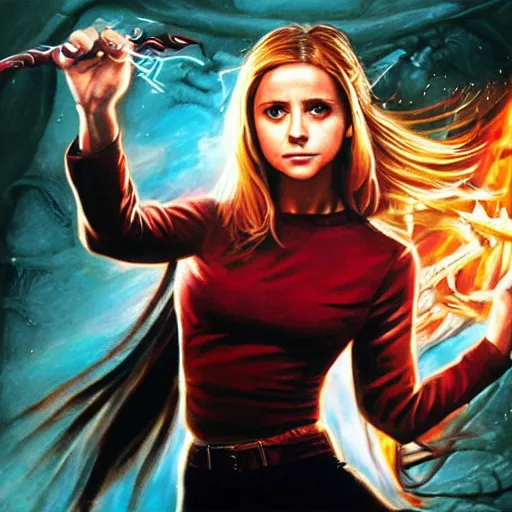 Prompt: a detailed picture of Buffy the Vampire slayer fighting God, 4k, in the style of Magic the Gathering