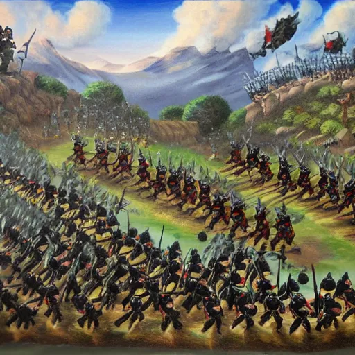 Image similar to painting of a dark mountain fighting armies of gnomes, epic, army formations, melle, ranged and siege