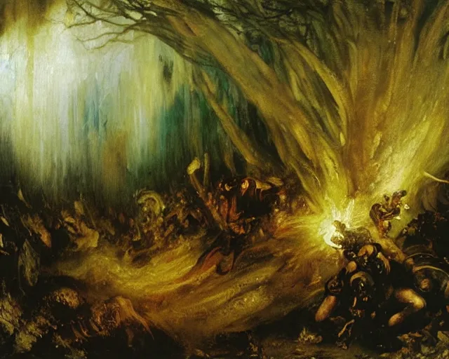 Image similar to an oil painting of cthulhu fighting an army in a forest, turner