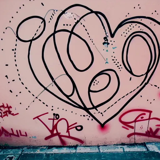 Prompt: wall with graffiti, heart filled with circles and lines