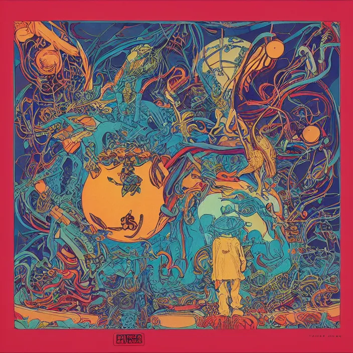 Prompt: lp cover of a 7 0's progressive rock album by james jean and moebius, 4 k