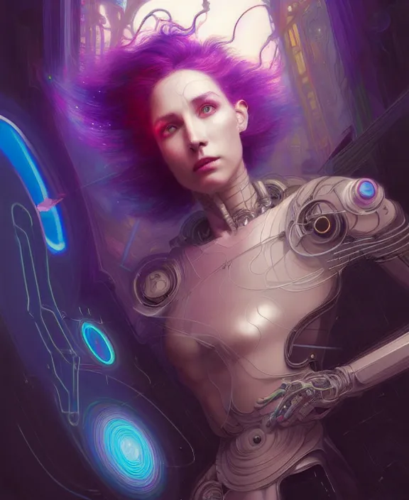 Image similar to a whirlwind of souls rushing inside the metaverse, hologram, half body, neurochip, shaved temple, piercing, jewelry, android, cyborg, cyberpunk face, by loish, d & d, fantasy, intricate, elegant, highly detailed, colorful, digital painting, artstation, concept art, art by artgerm and greg rutkowski and alphonse mucha