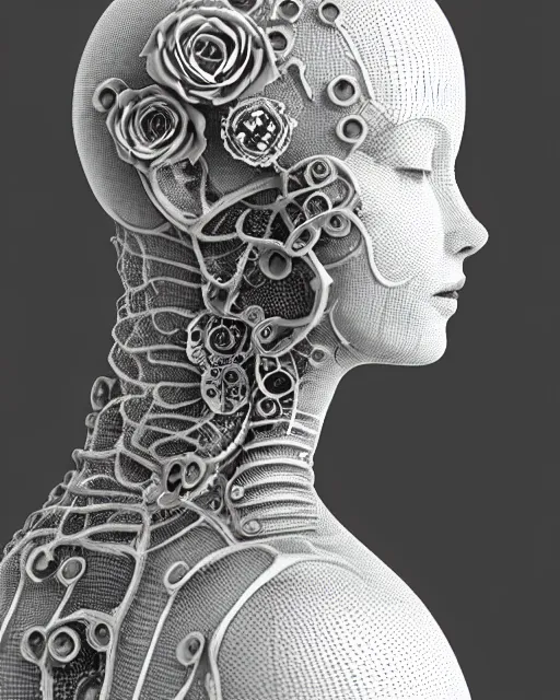 Image similar to mythical dreamy black and white organic bio-mechanical spinal ribbed profile face portrait detail of translucent steampunk beautiful female angelic-human-queen-vegetal-cyborg, highly detailed, intricate crystal ivy jelly ornate, poetic, translucent roses ornate, 3D render, digital art, octane render, 8K artistic photography, photo-realistic, by Dora Maar