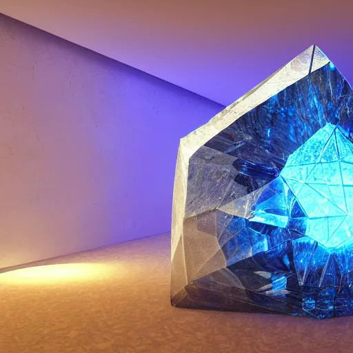 Prompt: A giant, glowing crystal sits in the center of a dark room, Strange symbols line the walls, and a soft light glows from somewhere deep within the room, highly detailed, digital photo, HDRI, by christopher bretz and kael ngu, vivid colors, high contrast, 8k resolution, intricate, photorealistic, smooth, psychedelic color scheme, concept art, award winning, behance contest winner