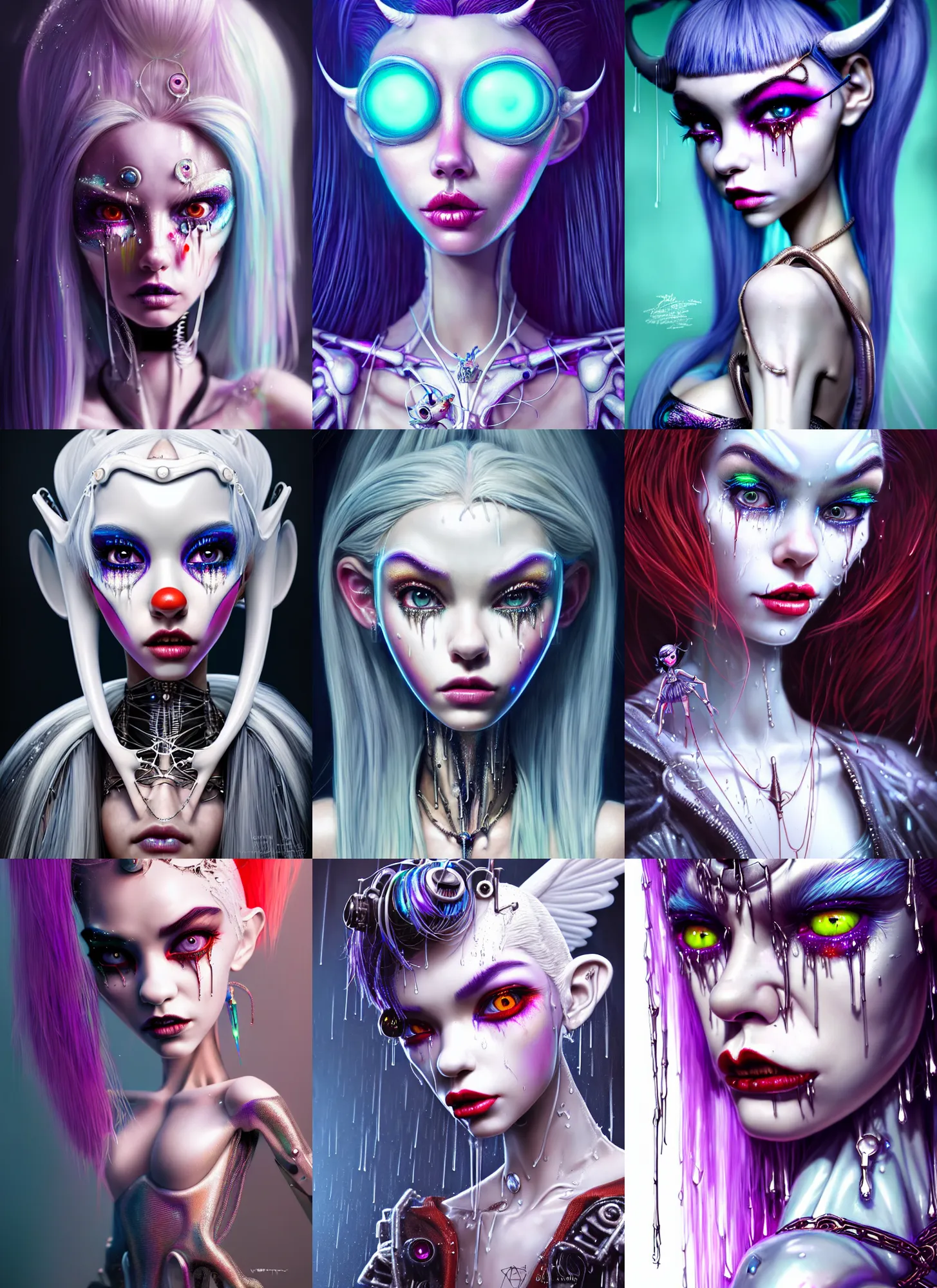 Prompt: pixar weta portrait, beautiful porcelain white raver clowncore devil angel madison beer cyborg woman, shard jewelry, dripping wet, sci - fi, fantasy, cyberpunk, intricate, elegant, highly detailed, digital painting, ever after high, octane render, artstation, concept art, smooth, sharp focus, illustration, art by artgerm, loish, wlop